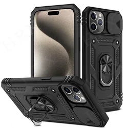 360° Full Body Rugged Protective Phone Case with Slide Camera Cover and Stand Ring - iPhone 15 Pro (Black)