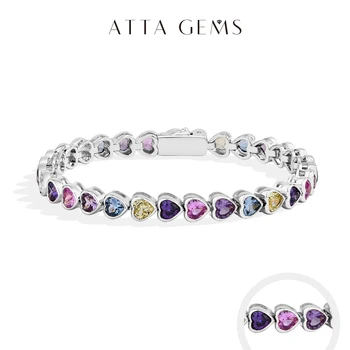 ATTAGEMS Heart-shape Sapphire Colorful Bracelet S925 Sterling Silver 18K Gold Plated Zircon For Women Engagement  Party  Jewelry