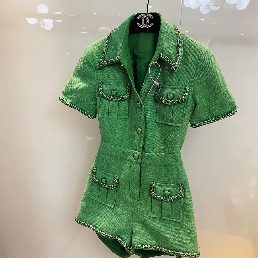 Small Fragrance Wind Gold Chain Woven Back Waist Hollow Jumpsuit Women\'s Summer Slim Short Sleeve Rompers q226