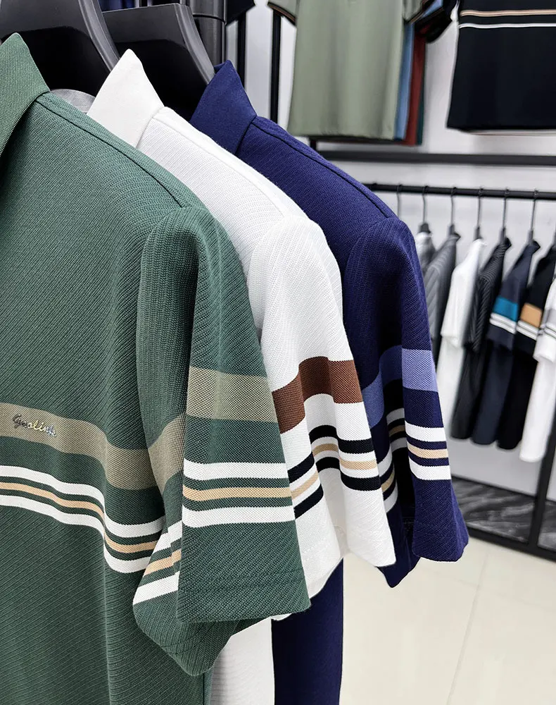 Light luxury brand striped decoration short sleeve polo shirt fashion embossed summer comfort breathable casual men's T-shirt 25 S64b67b6a626040619e25aac339f3fd20C