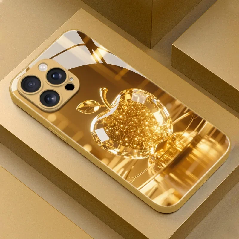 Exquisite Luxuriöse Kristall-Handyhülle mit Apple-Aufdruck für iPhone 18 17 Air 16 14 15 Pro Max Plus 13 12 11 Pro 16E Glasabdeckung