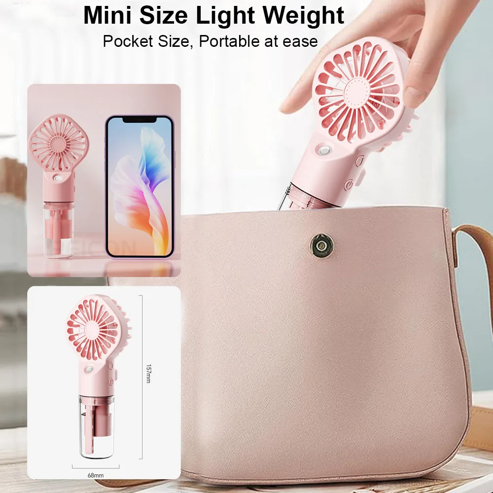 Compact USB Rechargeable Mist Fan - Handheld Low Noise Cooling with 4-Speed Settings