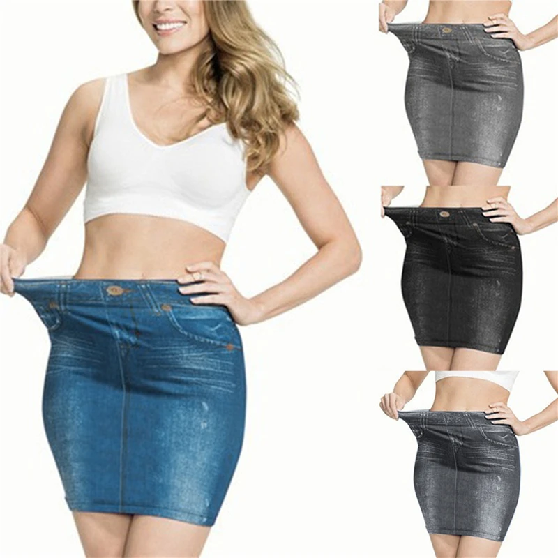 

Women Faux Denim Skirt Fashion Print Seamless Jean Skirts Short Slim High Waist Elastic Polckets Female Mini Dress