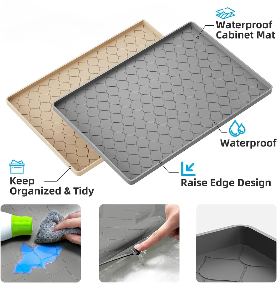 TRZZ Under Sink Mat - 22x19 Inch Silicone Cabinet Liner, Waterproof Drip Tray For Kitchen & Bathroom