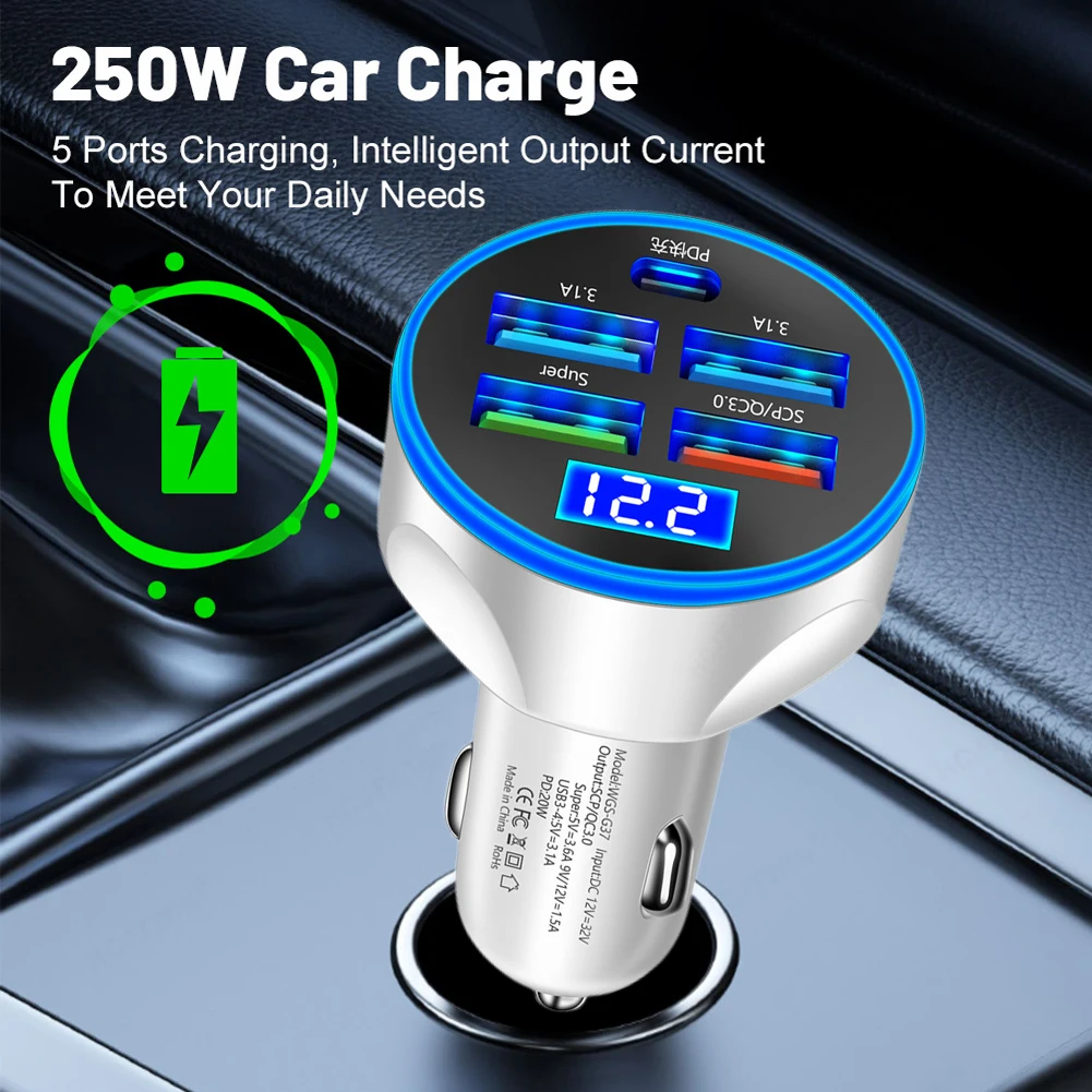 20W Car Charger 5 Ports Power Adapter PD QC3.0 Charger Adapter 5V 3.1A Fast Charging for iPhone Samsung for Huawei Xiaomi
