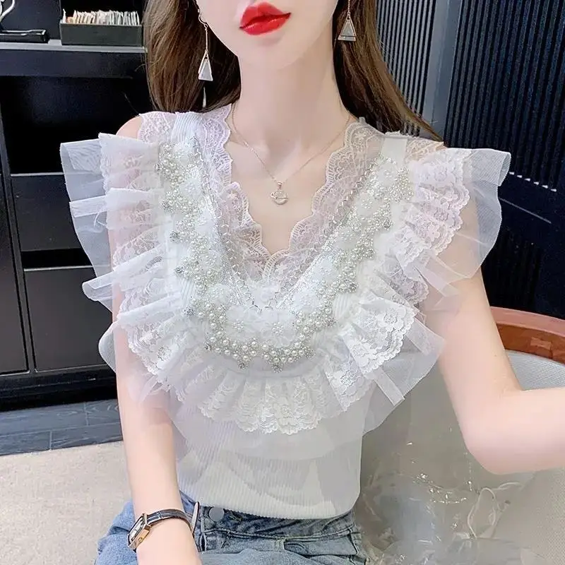 Elegant V-Neck Spliced Lace Beading Ruffles Blouse Female Clothing 2024 Summer New Chic Tops Sleeveless Sweet Shirt