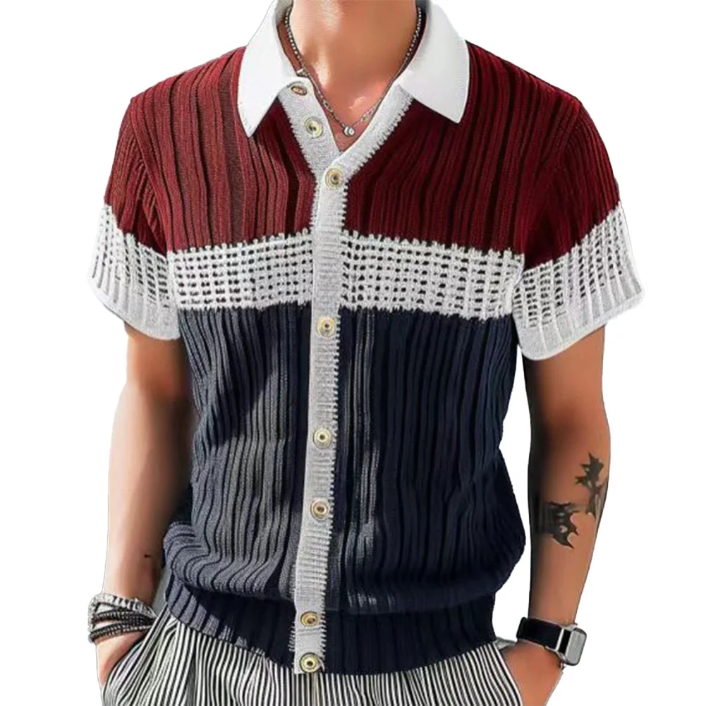 

Affordable Brand New Top Men Top Casual Colorblock Cotton Knit Top Lapel Male Men Regular Short Sleeve For Men