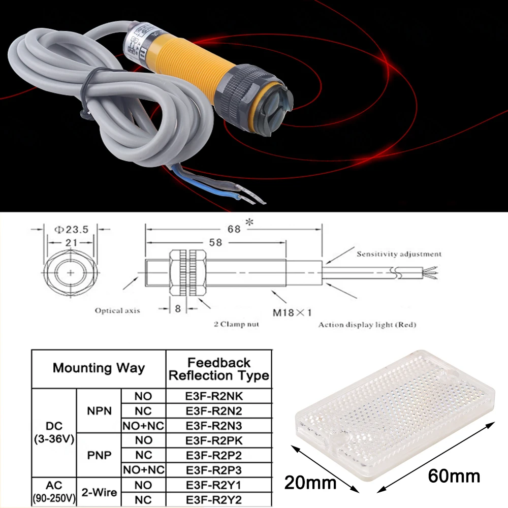 1pc m18 feedback reflexion foto elektrischer schalter sensor E3F-R2N2 r2nk r2p2 r2pk r2y1 r2y2 npn nc pnp kein durchmesser abstand 2m – Detail 1