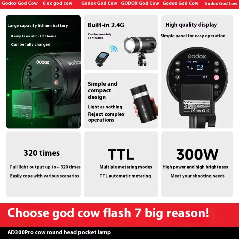 Godox AD300Pro Outdoor Flash Light 300Ws TTL 2.4G 1/8000 HSS with 2600mAh Battery for Canon Nikon Sony Fuji Olympus Pentax 2