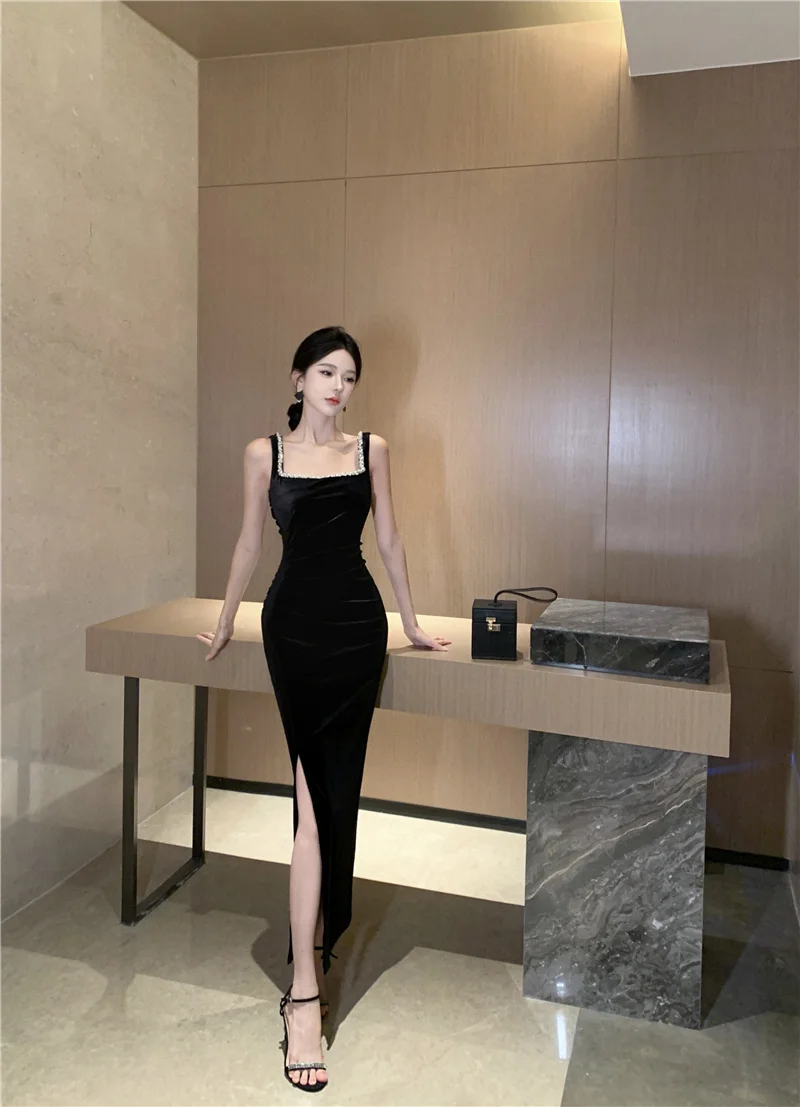 Elegant Bodycon Sleeveless Black Velvet Dresses for Women Diamonds High Slit Evening Party Dress Prom Robe One Piece Vestido New