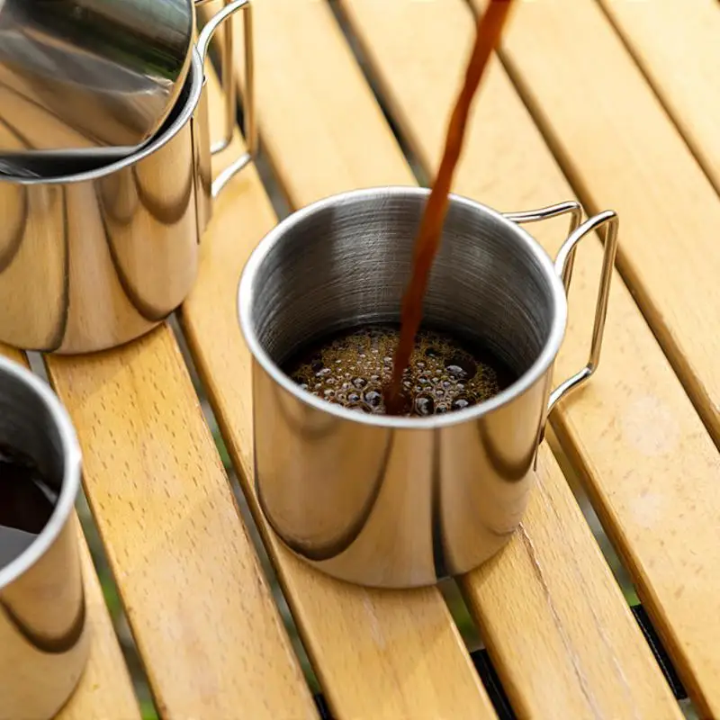 250/350/500ML Stainless Steel Camping Cup Portable Carabiner Cups Outdoor Water Cup Mug With Foldable Handle Kitchen Drinkware