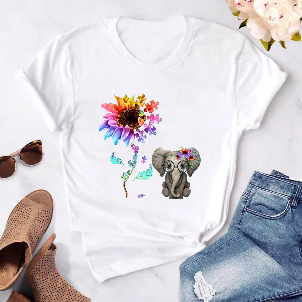 

Seeyoushy Floral Elephant Print 2023 Summer New Women's T-shirt Fun Printed Women's Top Y2K Aesthetic Clothing Casual Harajuku