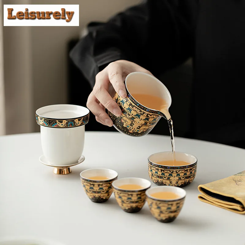 Chinese Thangka Pattern Travel Tea Set Kit Japanese 1 Pot 4 Cups Kit Household Tea Maker Picnic Portable Handbag Tea Items Craft