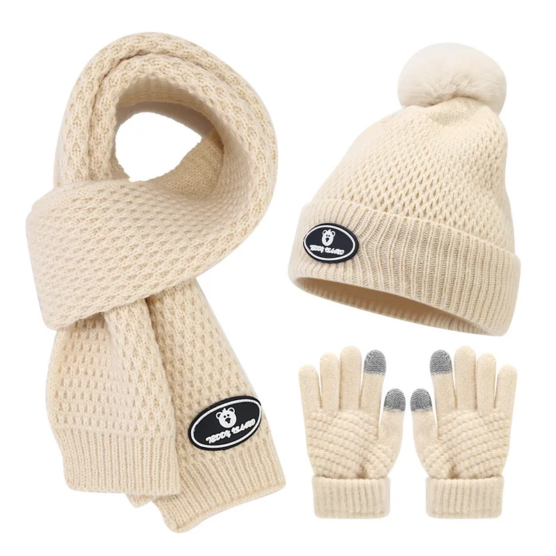 New Winter Children's Hat Scarf Gloves Set Boys Girls Faux Fur Ball Hat Thick Plush Knitted Cap Collar Gloves 3pcs Set
