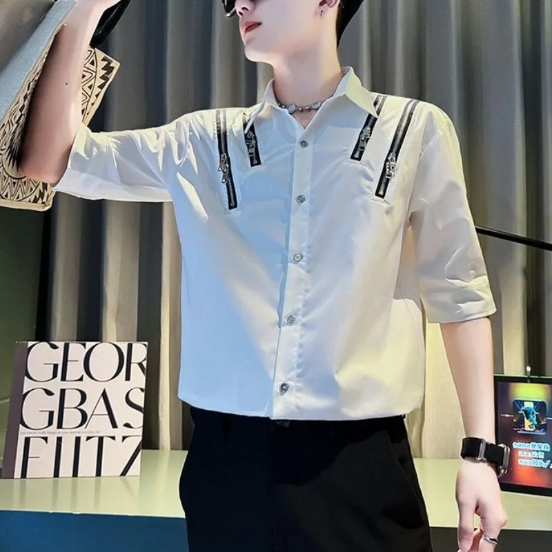 Minimalist Comfortable Summer Boyfriend Spliced Square Collar Button Solid Zipper Slim Fit Versatile Casual Half Sleeve Shirts