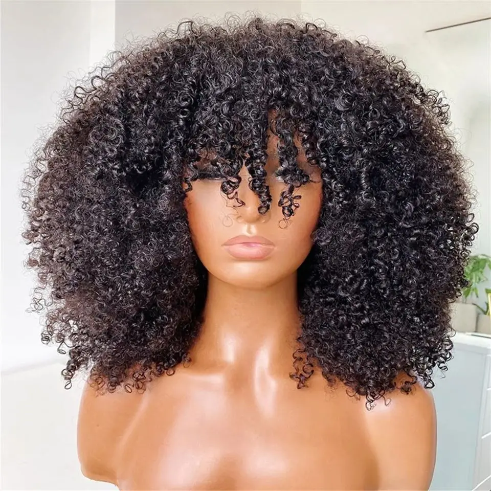 Parrucche di capelli umani afro ricci e crespi in stile mongolo con frangia, realizzate a macchina senza colla, taglio corto 4B 4C, stile bob o pixie cut. - immagine 5