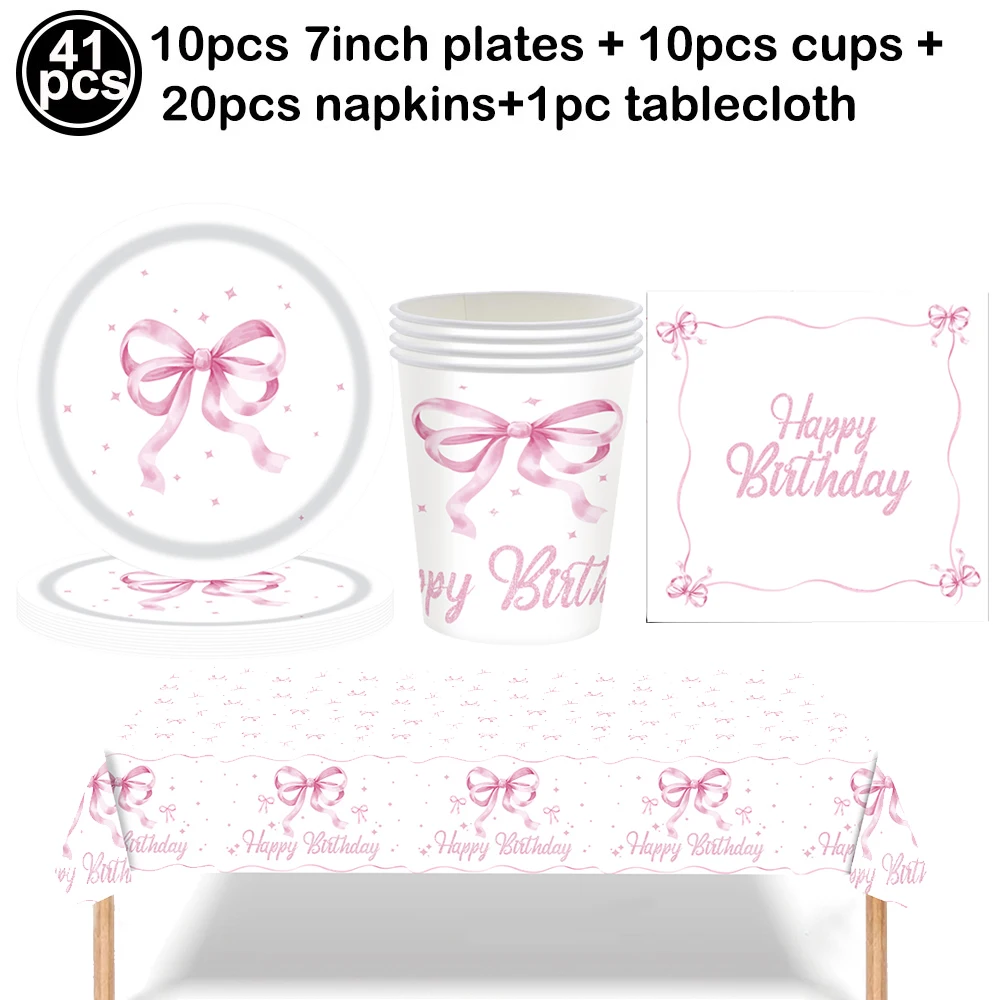 Pink Bow Birthday Party Tableware Set - Plates, Cups, and Napkins
