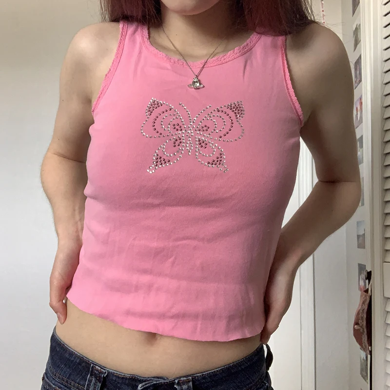 Beading Butterfly Women Tank Tops Pink u0026blue Color Cute Sweet Basic Mini  Vest Lady Tees Clothing - Tanks u0026 Camis - AliExpress
