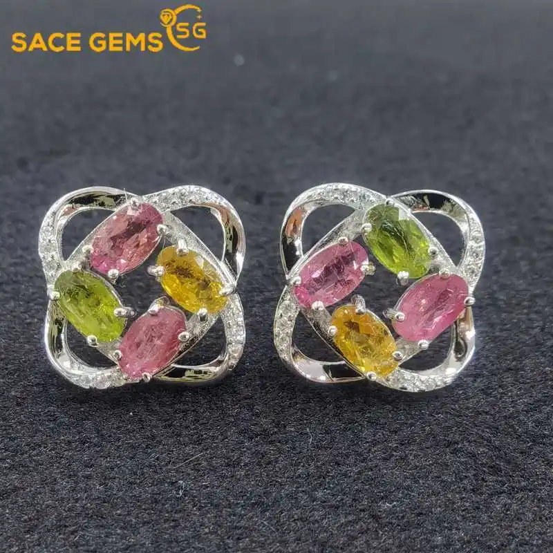 

SACE GEMS Fashion Earring for Women 100% 925 Sterling Silver Tourmaline Stud Earrings Wedding Party Fine Jewelry Eardrop Gift