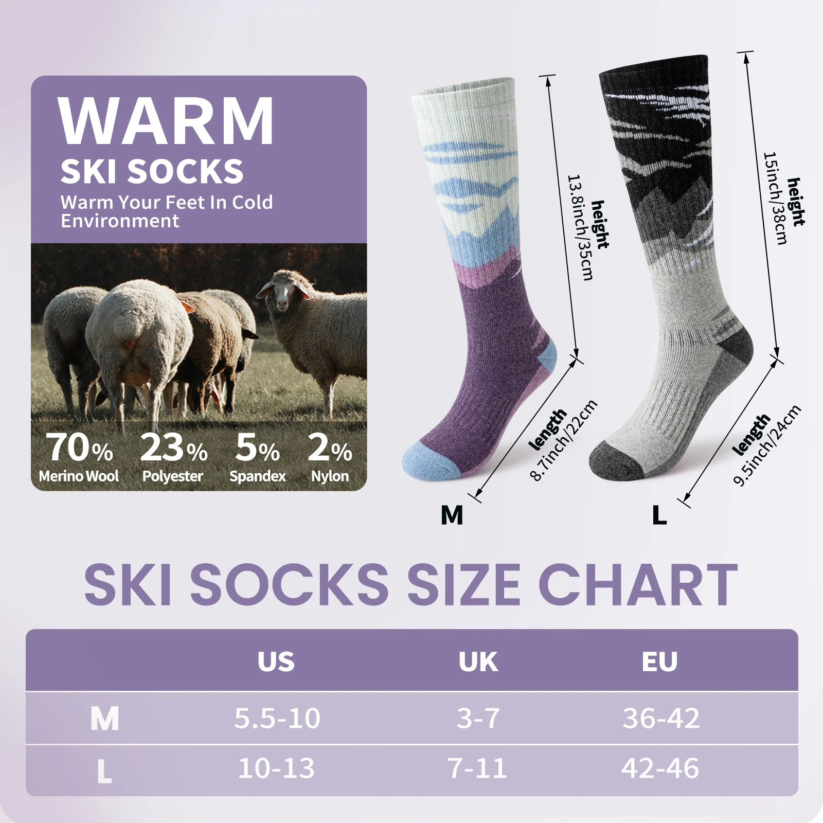 3 Pairs of Merino Wool Ski Socks for Women and Men, Warm Winter Knee High Socks, Ski Board Socks, Comfortable Outdoor Socks