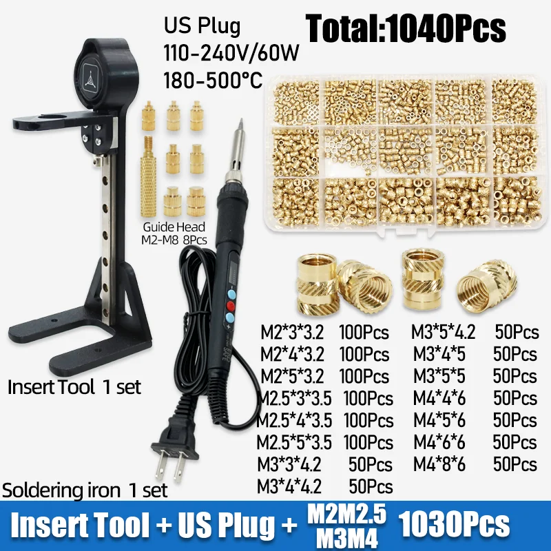 Heat Set Insert Tool Kit with Soldering Iron Tips and Brass Threaded Nuts