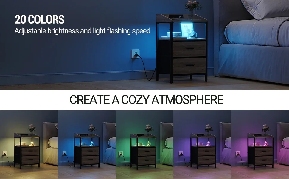 Description Picture 3 of itemNightstands Set of 2 with LED Lights and Charging Station,End Table with 2 Fabric Storage Drawers and Shelves, Modern Side Table