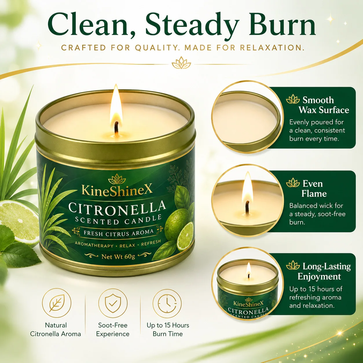 Citronella Citrus Aromatherapy Candle - Fresh Aroma, Relaxing, Long-Lasting Burn, Indoor/Outdoor Use