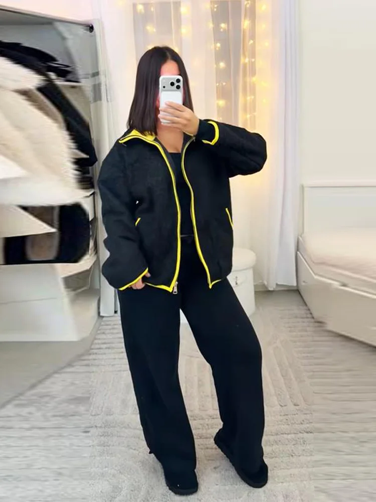 سترة صوفية متباينة غير رسمية للنساء بياقة واقفة وجيوب وسحاب وأكمام طويلة معطف نسائي لخريف وشتاء 2025 جديد للسيدات في ملابس خارجية