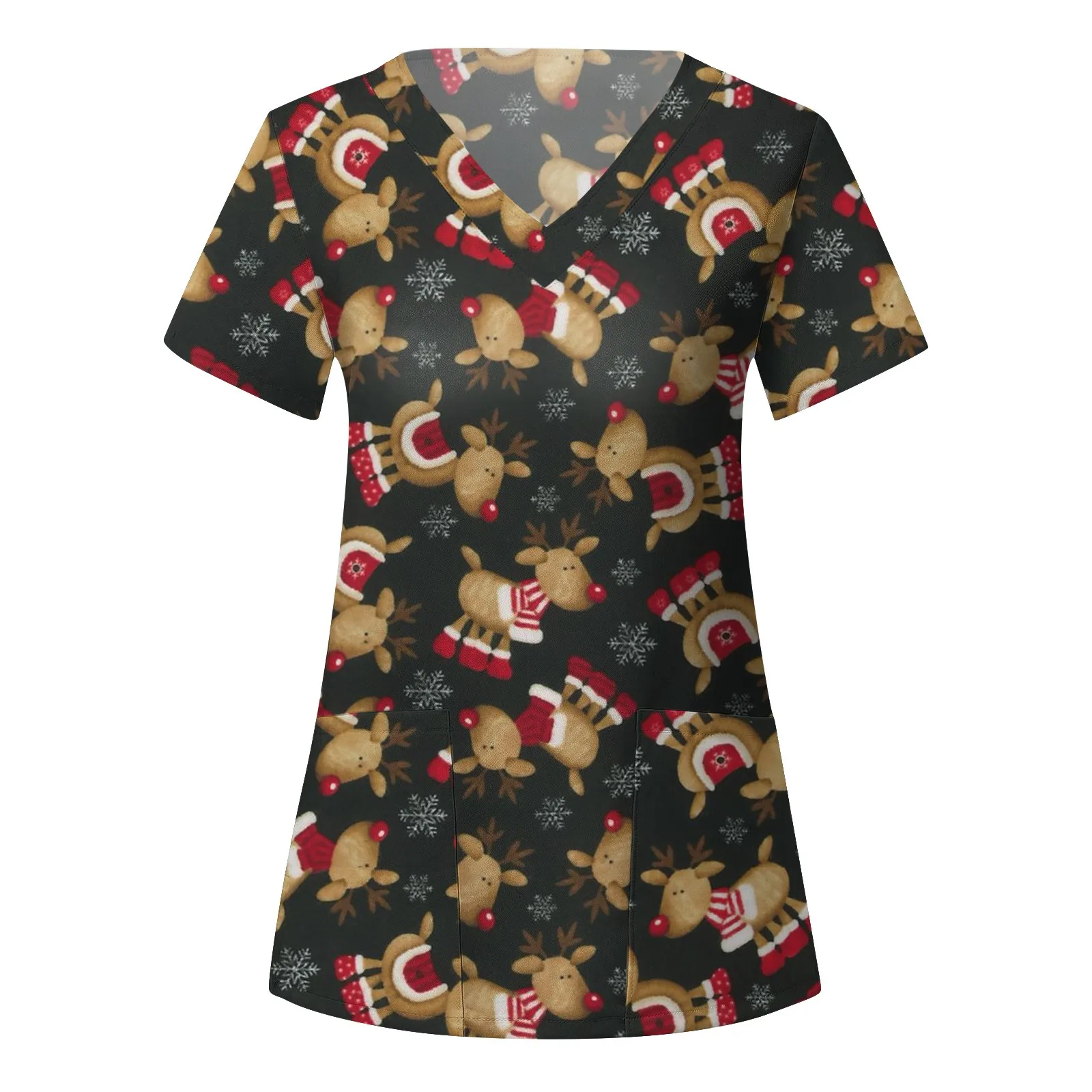 Christmas Elk Print Scrubs Women Tops Short Sleeve Nurse Uniform Pet Carer Tee Salon Pocket Tunic uniformes quirúrgicos mujer butterfly print christmas nurse uniform for women short sleeve tops v neck blouse pocket pet care scrub shirt enfermera mujer