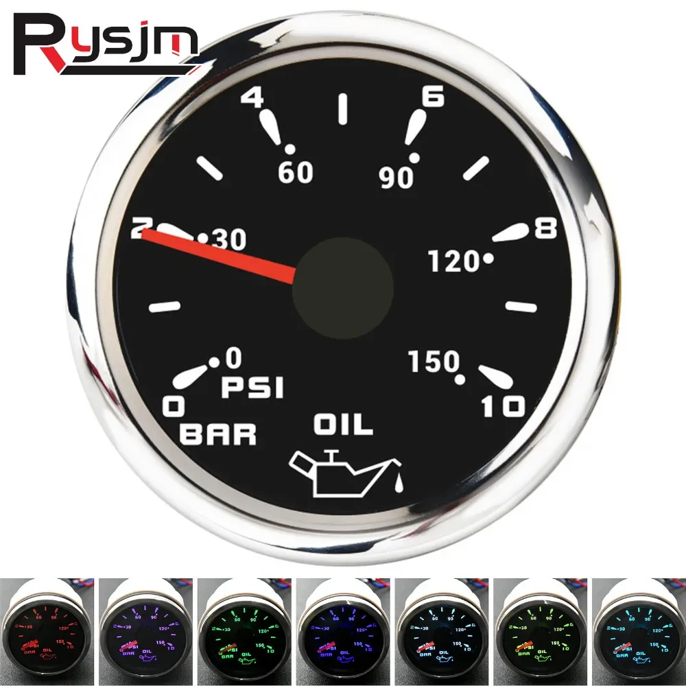 7 Color Light 52MM Pointer Oil Press Meter 0~10 Bar 0~150 PSI Oil Pressure Gauge