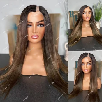 Parrucche U-Part Lisce Effetto Ombre Castano Biondo, 100% Capelli Umani, Densità 250, Mezza Parrucca V-Part Castagna Senza Colla, Realizzata a Macchina