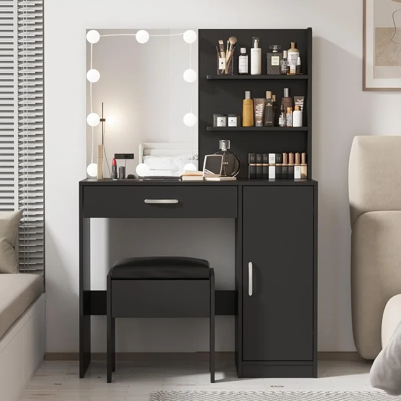 

Makeup Vanity with Lighted Mirror, Desk Drawer and Storage Cabinet, Dresser Mirror Dressing Table for Bedroom, Bathroom, Black