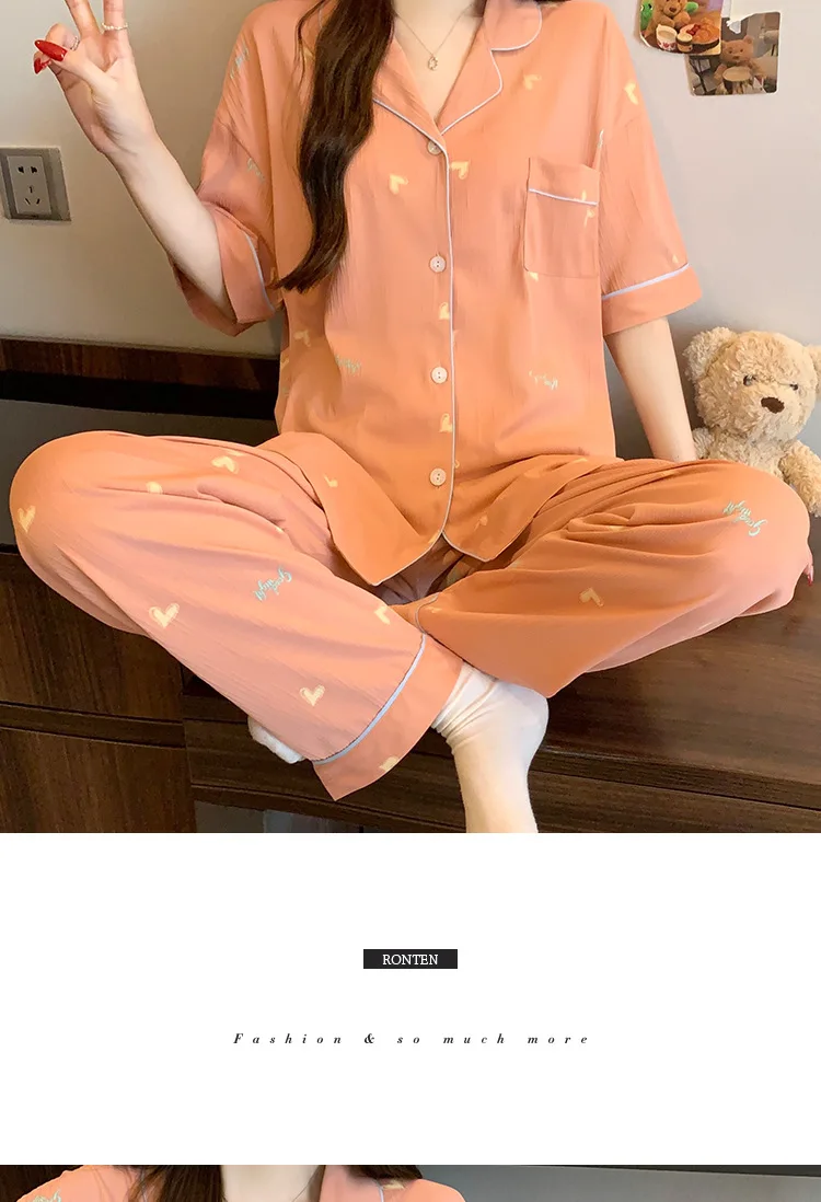 Neu eingetroffen: Damen-Pyjama-Set mit Instagram-tauglichem Herz-Print – Luxuriöses Sommer-Loungewear-Set mit kurzärmeligem Oberteil und langen Hosen – Detail 6