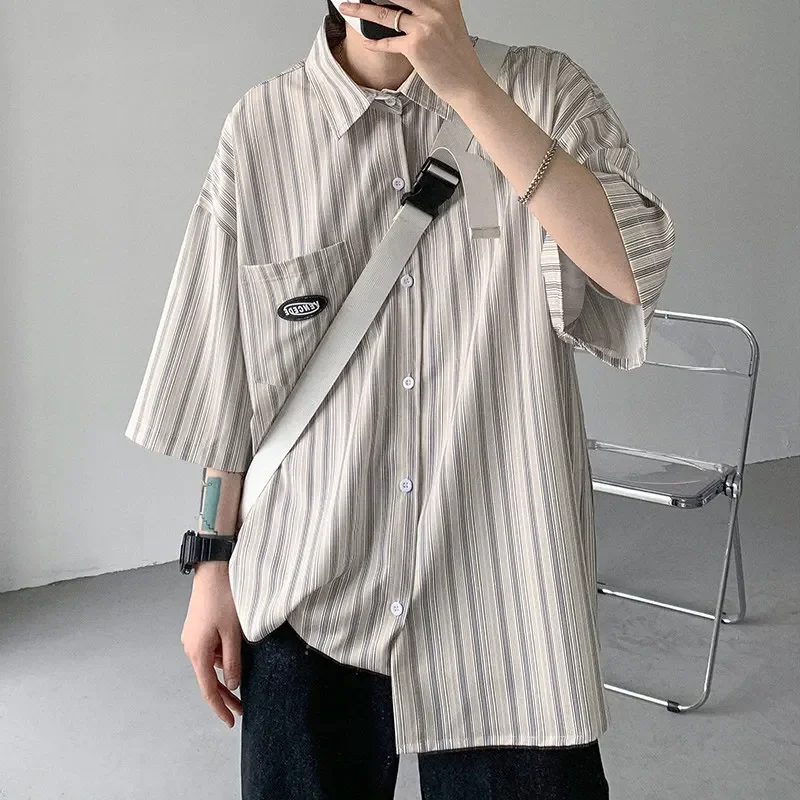

Summer Men's Short Sleeve Striped Shirts 2022 Fashion Print Shirt Mens Blouses Streetwear Brand Loose Casual Shirt Tops Men