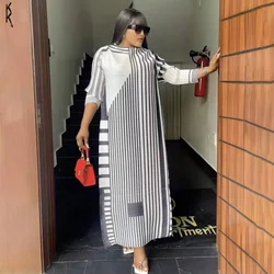 New Miyake Pleated Stripe Dress Fashion Relaxed Party Temperament Long Dresses 2023 Spring and Summer Elegant Women Clothing