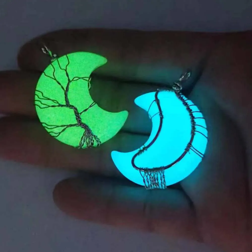 Natural Stone Crystal Agate Moon Necklace Pendant Life Fortune Tree Handmade Silver Winding Wire Fashion Charm Jewelry Gift 4Pcs