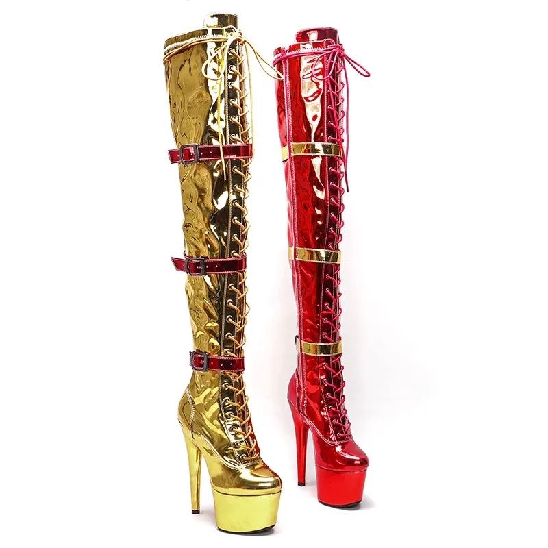 

Fashion Women 17CM/7inches PU Upper Plating Platform Sexy High Heels Thigh High Boots Pole Dance Shoes 124