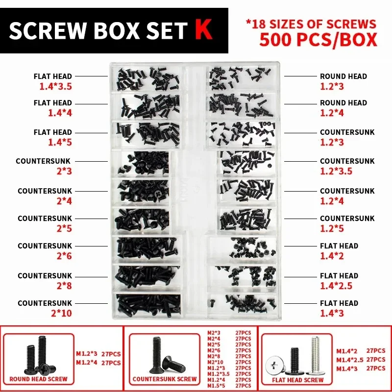 Sunglass Telefone, Computador Portátil Montar, Fixador Set, 18 Tipos, 500Pcs