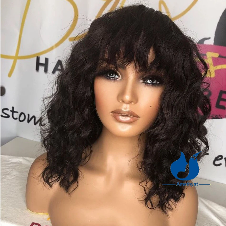

Loose Curly Lace Front Wig with Bangs for Women 100% Human Hair 13X6 Deep Part Frontal Wig Remy Brazilian Wave Hair Amethyst