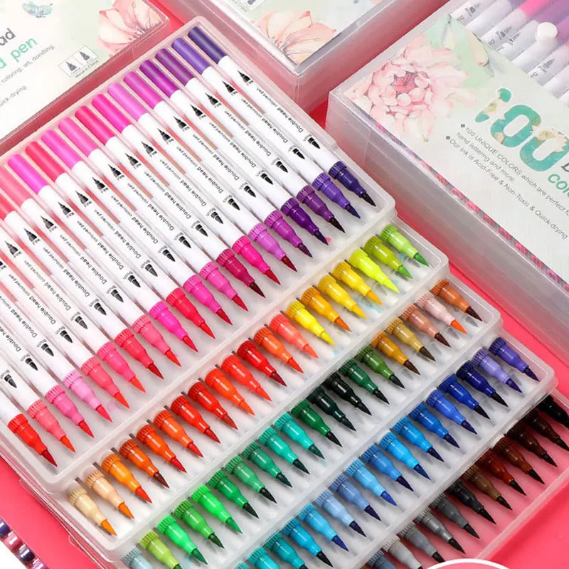 Double Head Washable Color Marker Set Soft Fiber Brush Pen Fine Nib Art