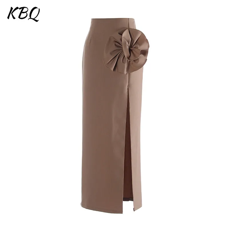 

KBQ Solid Patchwork Appliques Split Skirt For Women High Waist Bodycon Minimalist Elegant Skirts Female Fashion Clothing Style