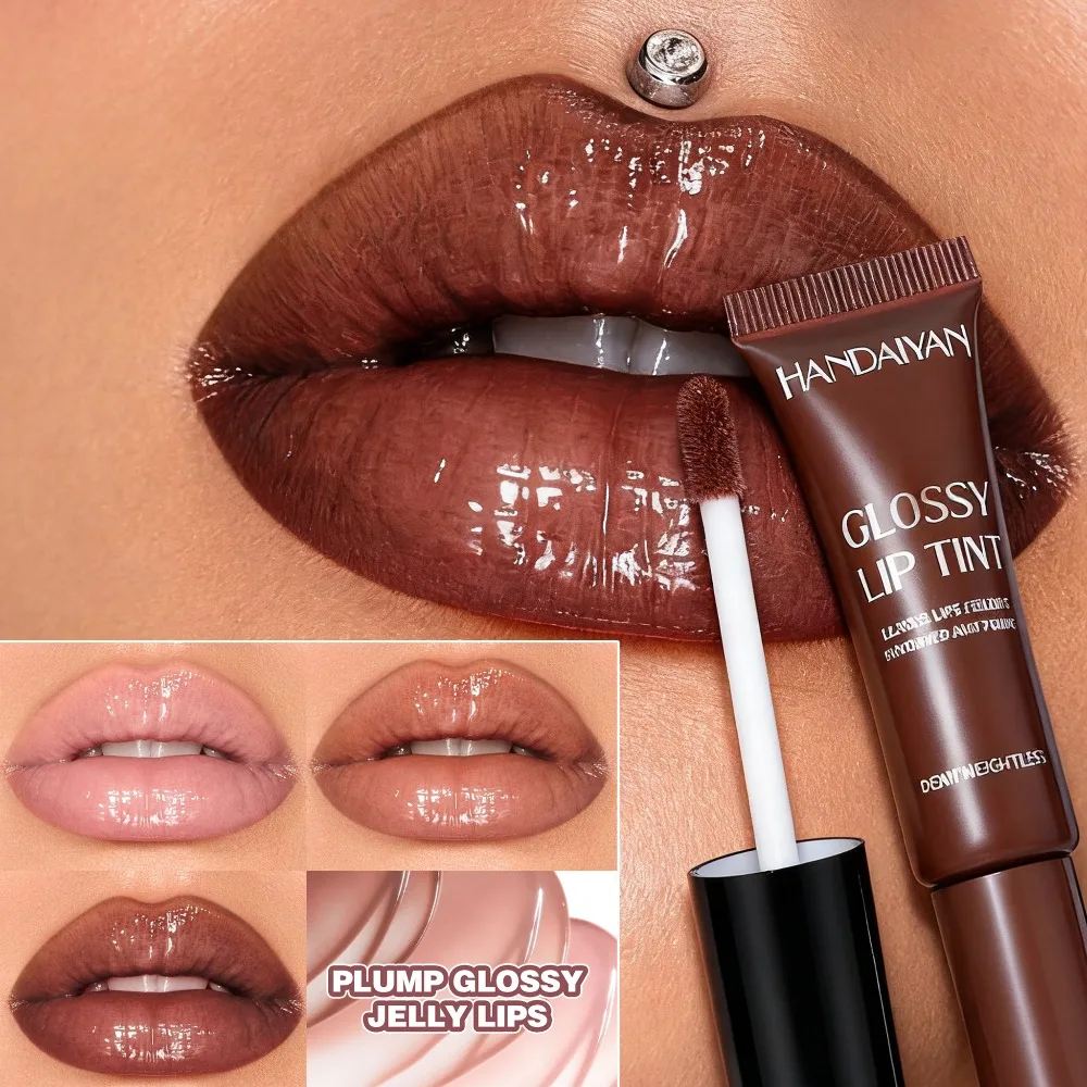 Brillo labial nacarado color café oscuro, aceite labial hidratante, laca labial con efecto espejo, labios brillantes y voluminizadores, maquillaje de larga duración._voghion.com