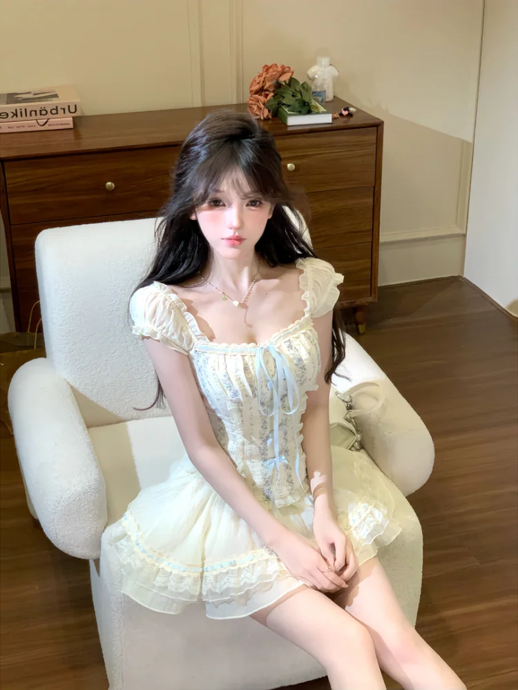 Y2K Two-piece Skirt Set Off Shoulder Square Collar Lace-up Cropped Top A-line Mini Skirt Sweet Summer New Slim Princess Outfits