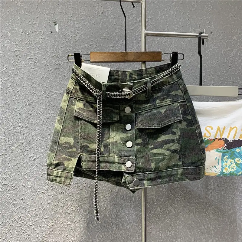 

High Street Camo Half Skirt Women Spicy Girl Sexy High Waist Casual Denim Pocket Short Skirt jean skirt