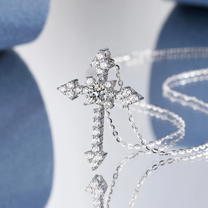 COSYA Real 1 Carat Moissanite Cross Pendant Necklace For Women 100% 925 Sterling Silver D Color Diamond Necklace Fine Jewelry