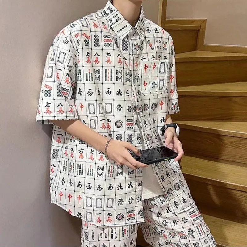 Daily Men Sets Short Sleeve Hawaiian Shirt And Shorts Chinese Mahjong Printing Casual Shirts Beach Two Pieces Suit Fashion Wear