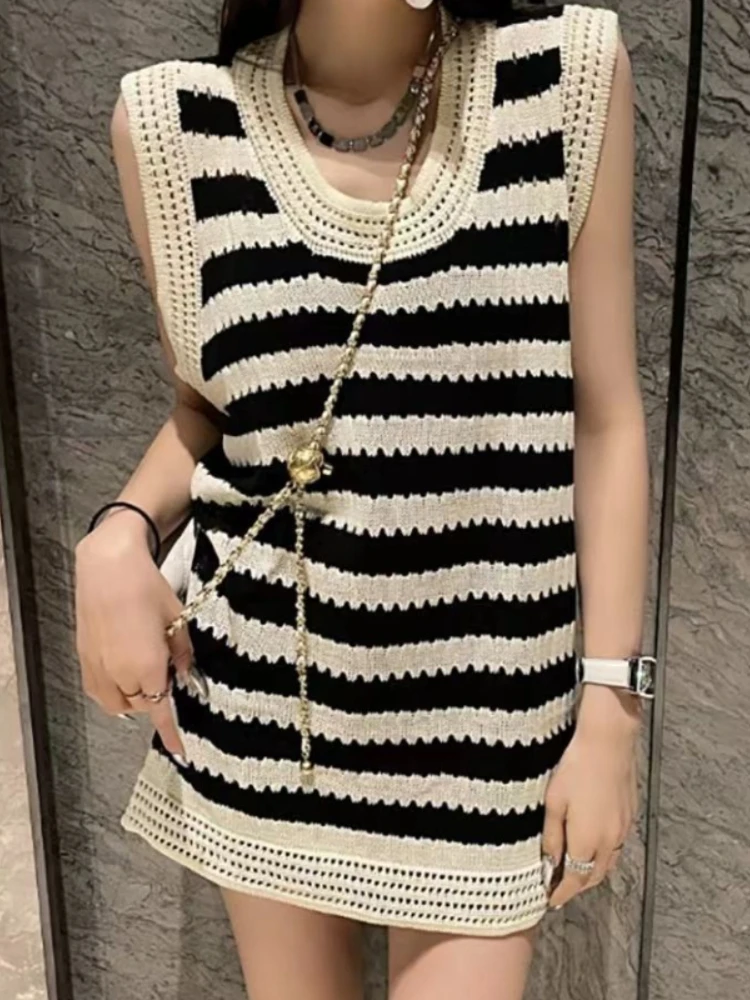 

Deeptown Y2K Korean Style Striped Knitted Tanks Tops Harajuku Women Sexy Sleeveless Hollow Out Knitwear O-neck Tees Streetwear