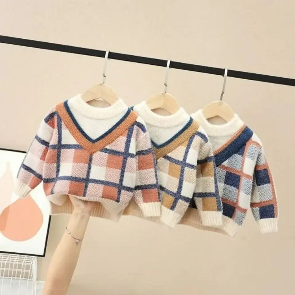 

Boys' Sweaters Autumn and Winter New Plaid V-neck Splicing Pullover Knitwear Thickened Tops Fashion Retro Children's Clothes