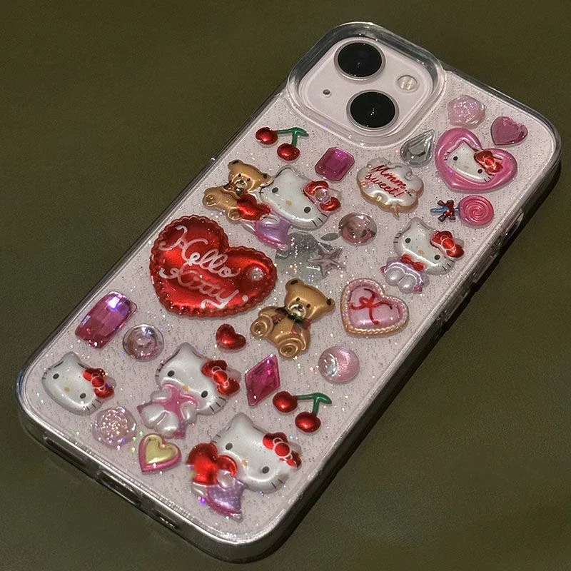 3D Cute Cartoon Sanrio Y2K Hello Kitty Sticker Bling Glitter Phone Case For iPhone 15 14 13 12 11 Pro Max Transparent Soft Cover