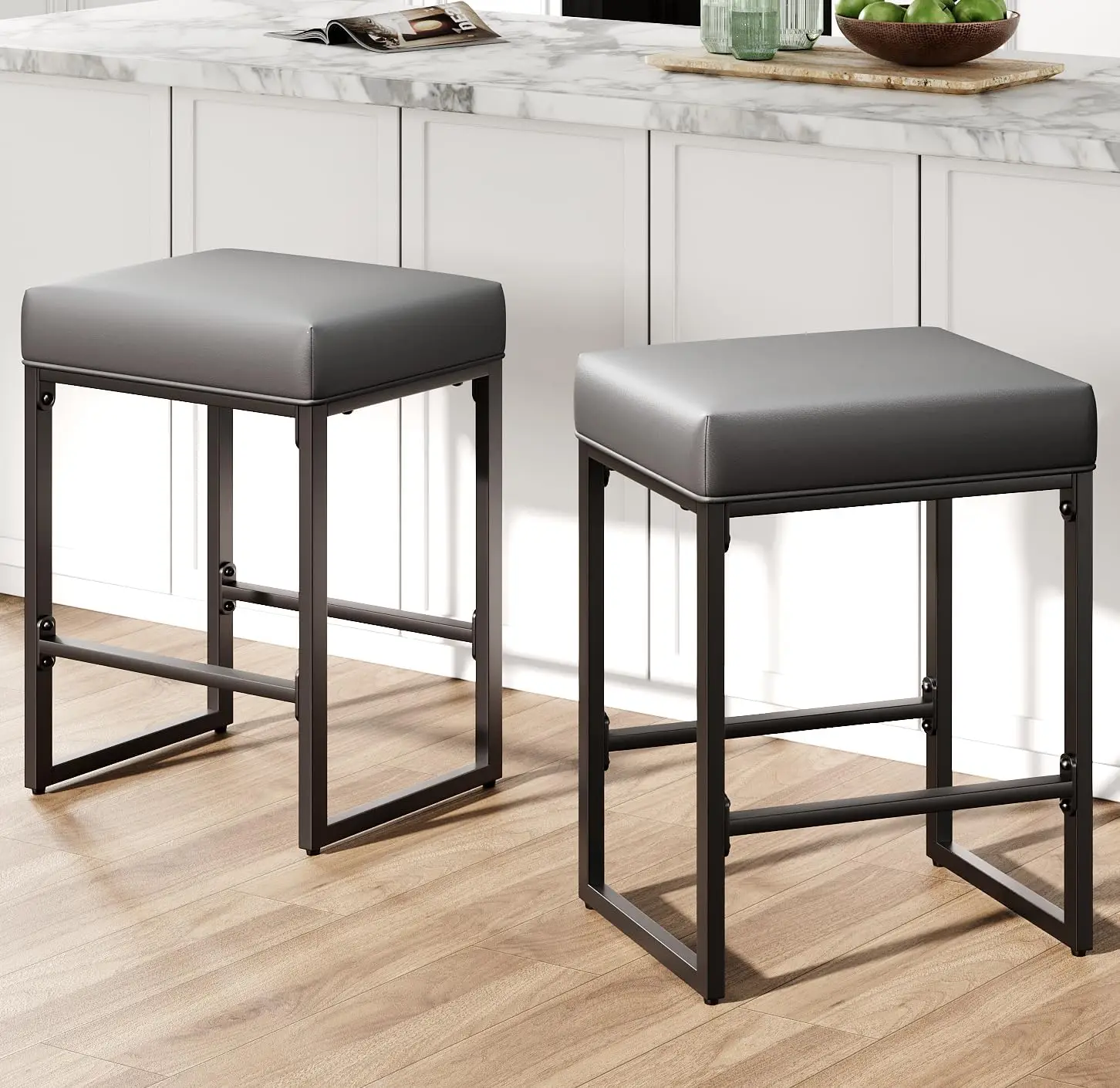 24 Inch Bar Stools Set of 2, Counter Height Bar Stools for Kitchen Island, Synthetic Leather Backless Barstools with Thick Seats